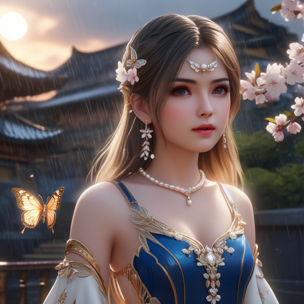 <lora:837-DA-XL-斗罗大陆-千仞雪-幼年:0.8>, (,1girl, ,best quality, ),,  ,,ultra detailed 8k cg, ultra detailed background ,ultra realistic 8k cg,          cinematic lighting, cinematic bloom, (( , )),,  , unreal, science fiction,  luxury, jewelry, diamond, pearl, gem, sapphire, ruby, emerald, intricate detail, delicate pattern, charming, alluring, seductive, erotic, enchanting, hair ornament, necklace, earrings, bracelet, armlet,halo,masterpiece, (( , )),, realistic,science fiction,mole,   ,cherry blossoms,,(((Best quality, masterpiece, ultra high res, (photorealistic:1.4), raw photo, 1girl, ,rain, , sunlight, sunset,     )))  (cleavage),stylish_pose,  (), butterfly,