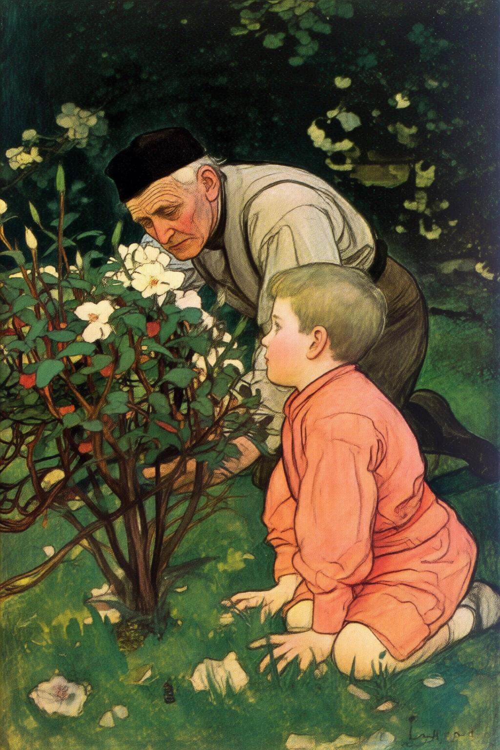 elizabethshippengreen2q illustration.An elderly man and a young boy in a lush outdoor garden.The elderly man has a weather...