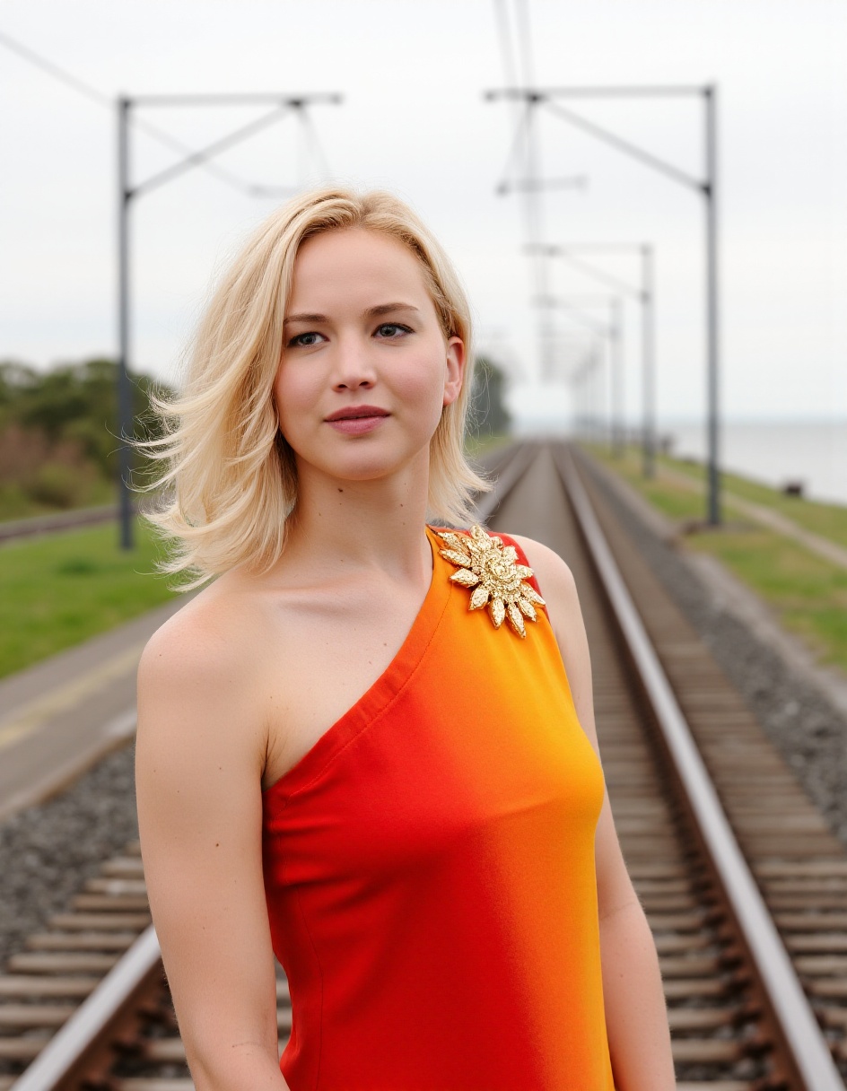 The image is a high-resolution photograph of a young woman standing outdoors on a railway track. She has light skin,  wavy...