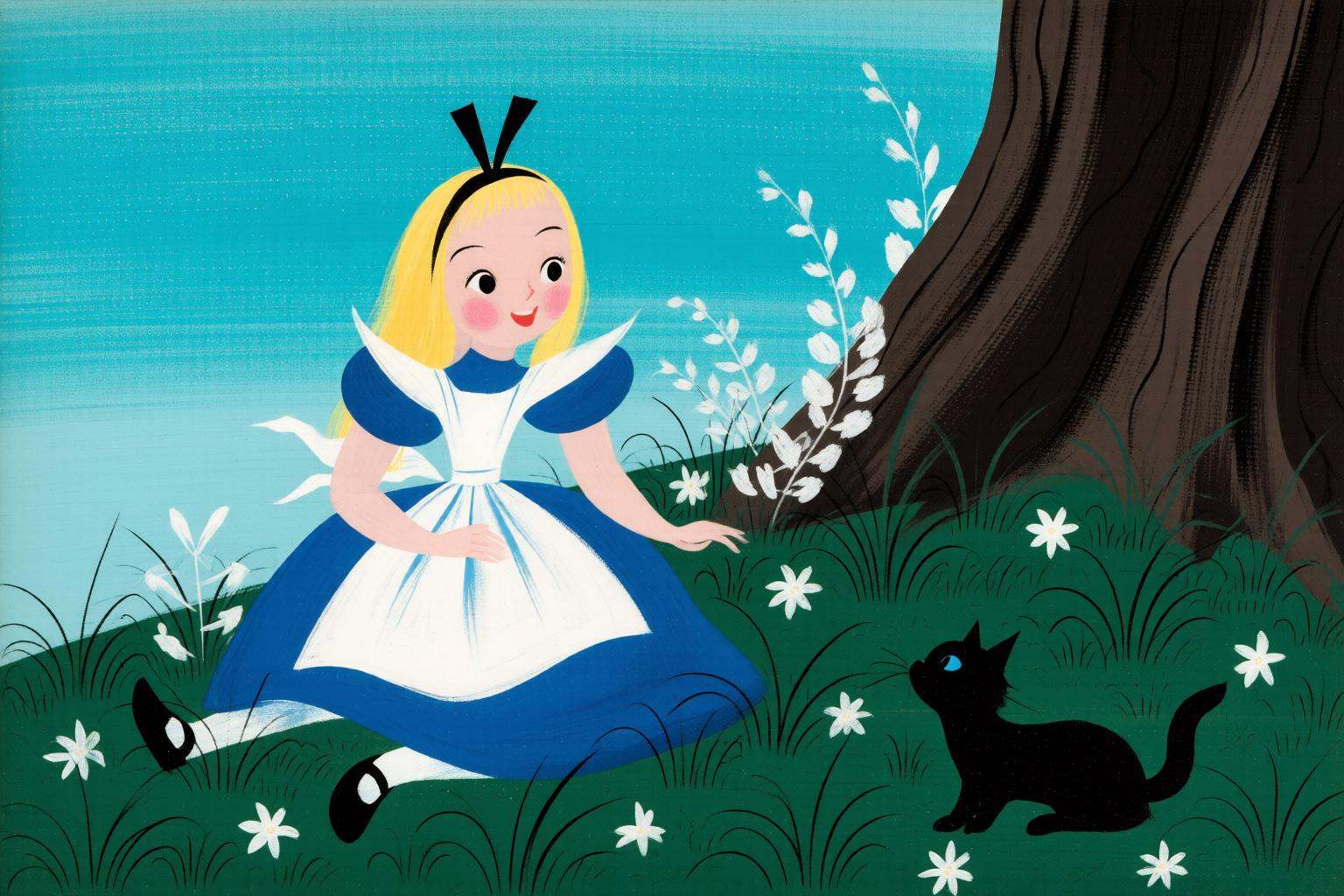 maryblair4q illustration.A girl in a blue dress with a white apron sits in a grassy area with white flowers. A small black...