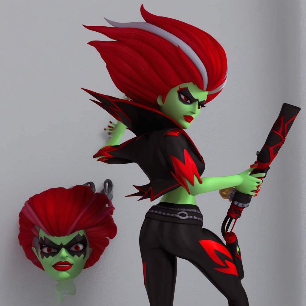 red nails,  red brushed back up hair with two stripes on each side,  weapon on Tensor.Art