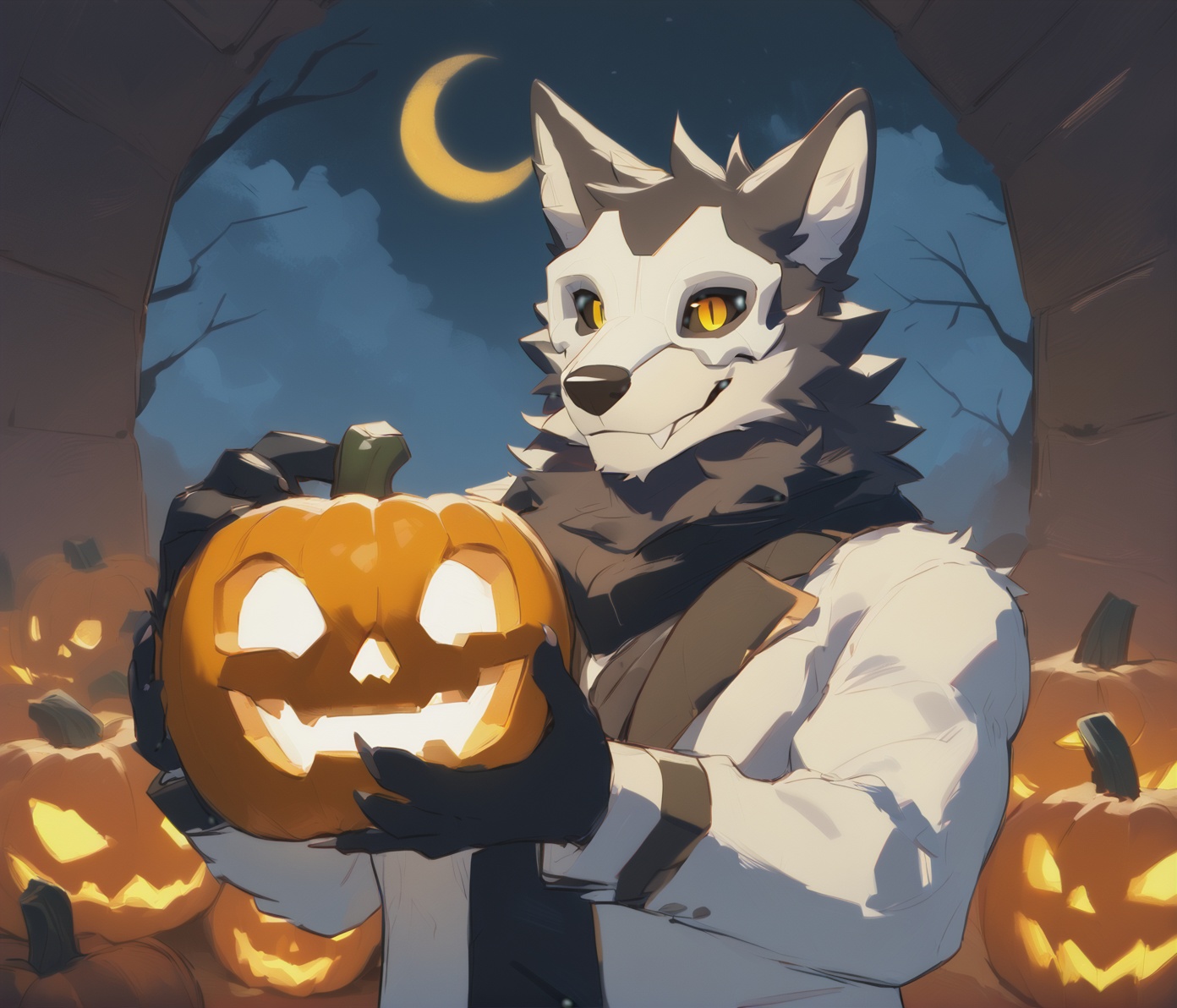 score_9,score_8_up,score_7_up,high quality,hires,solo,yellow eyes,black sclera,skull mask,atlas,furry,wolf,yellow pupils,holding jack-o'-lantern,happy,smile,body fur,anthro,