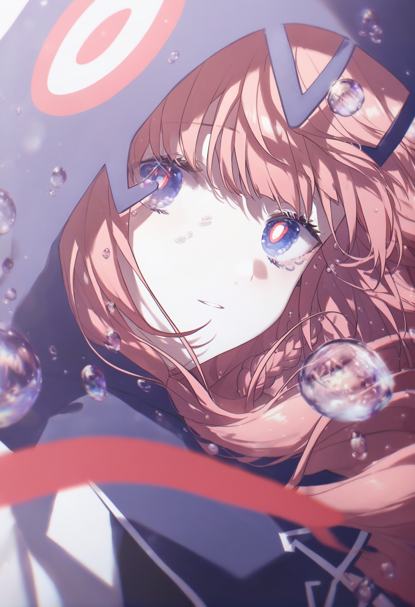 masterpiece,best quality, score_9,score_8,score_7_up,score_6_up,kaf \(kamitsubaki studio\), 1girl, solo, virtual youtuber, pink hair, hood, blue eyes, bubble, looking at viewer, parted lips, braid, air bubble <lora:konyakarasueXLlokr4f-000140:0.95>
