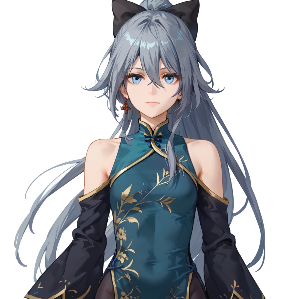 (white background:1.2),looking at viewer,(SOLO:1.4),outline,simple background,upper body, cowboy shot,looking at viewer,(((arms at side))),  fu hua, long hair, bangs, blue eyes, grey hair, blue hair, hair ornament, hair between eyes, bare shoulders, very long hair, chinese clothes, china dress, jewelry, pantyhose, ponytail, wide sleeves, hair bow, blue bow, detached sleeves, green dress, aqua dress, thighhighs, footwear, black legwear, messy hair<lora:xinchunqp-pony:0.8>