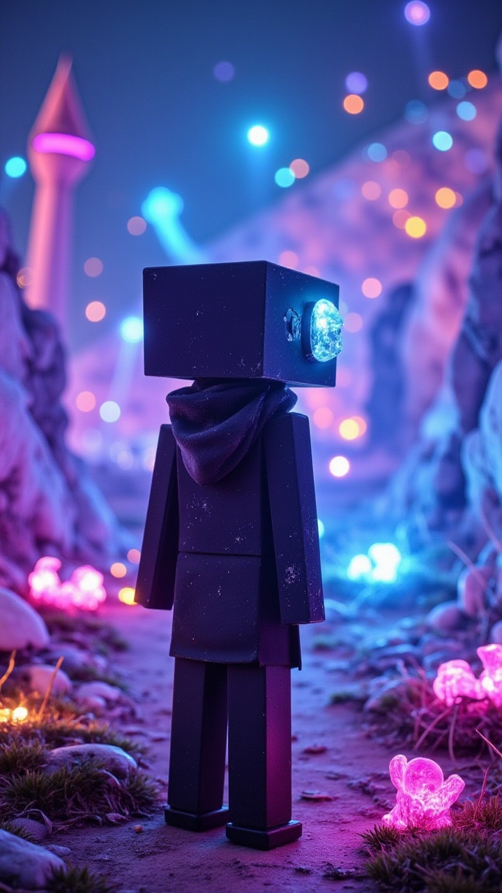 "aidmaDanbo exploring a futuristic virtual reality world,  wearing a VR headset,  with neon landscapes and digital creatur...