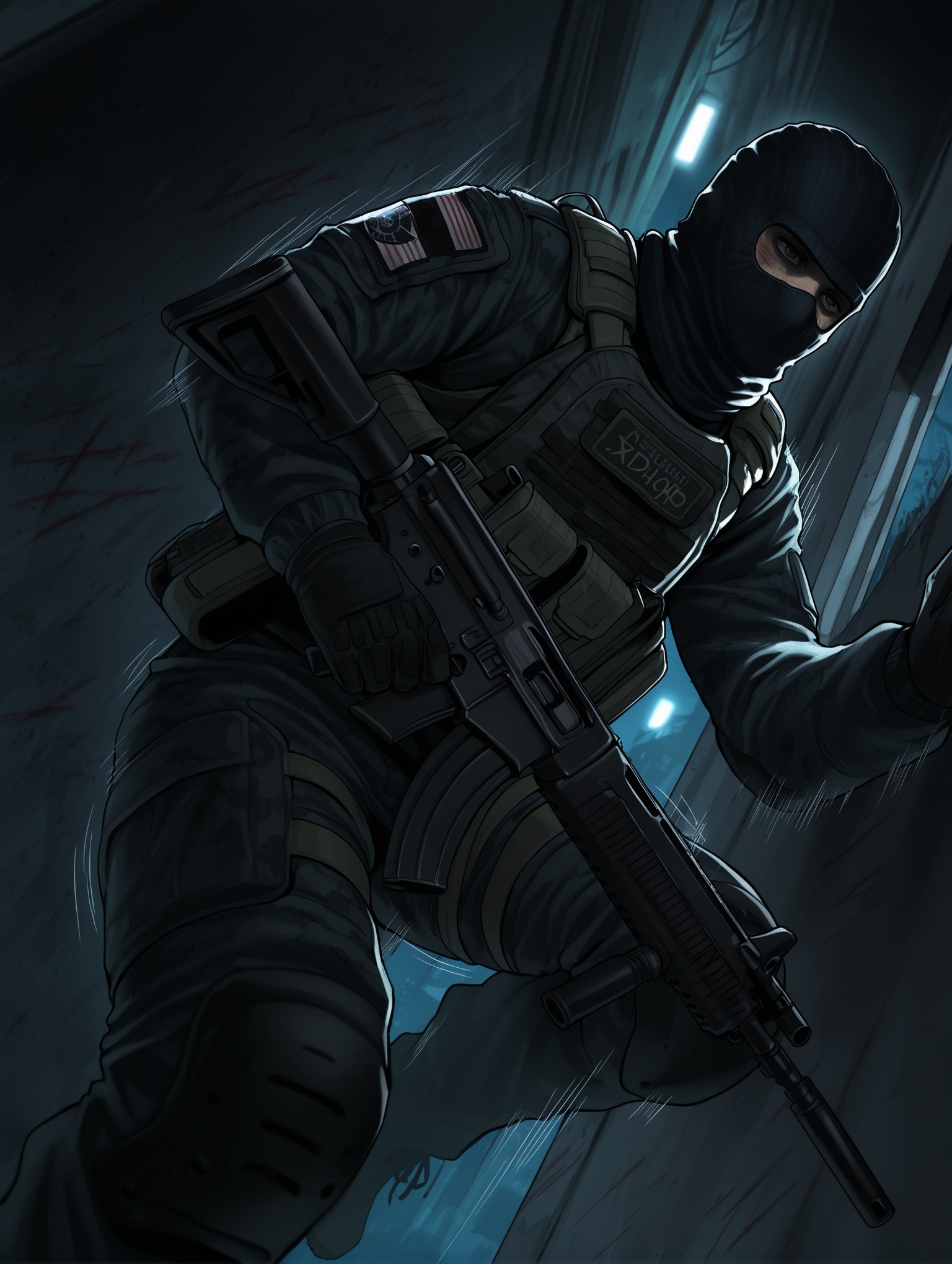 1man, ((assault rifle)), balaclava, bullet marks, special forces soldier, modern warfare, Night, ruined corridor on background, inside the building, dynamic pose, dynamic angle, motion lines, haze, close up,,masterpiece,best quality,