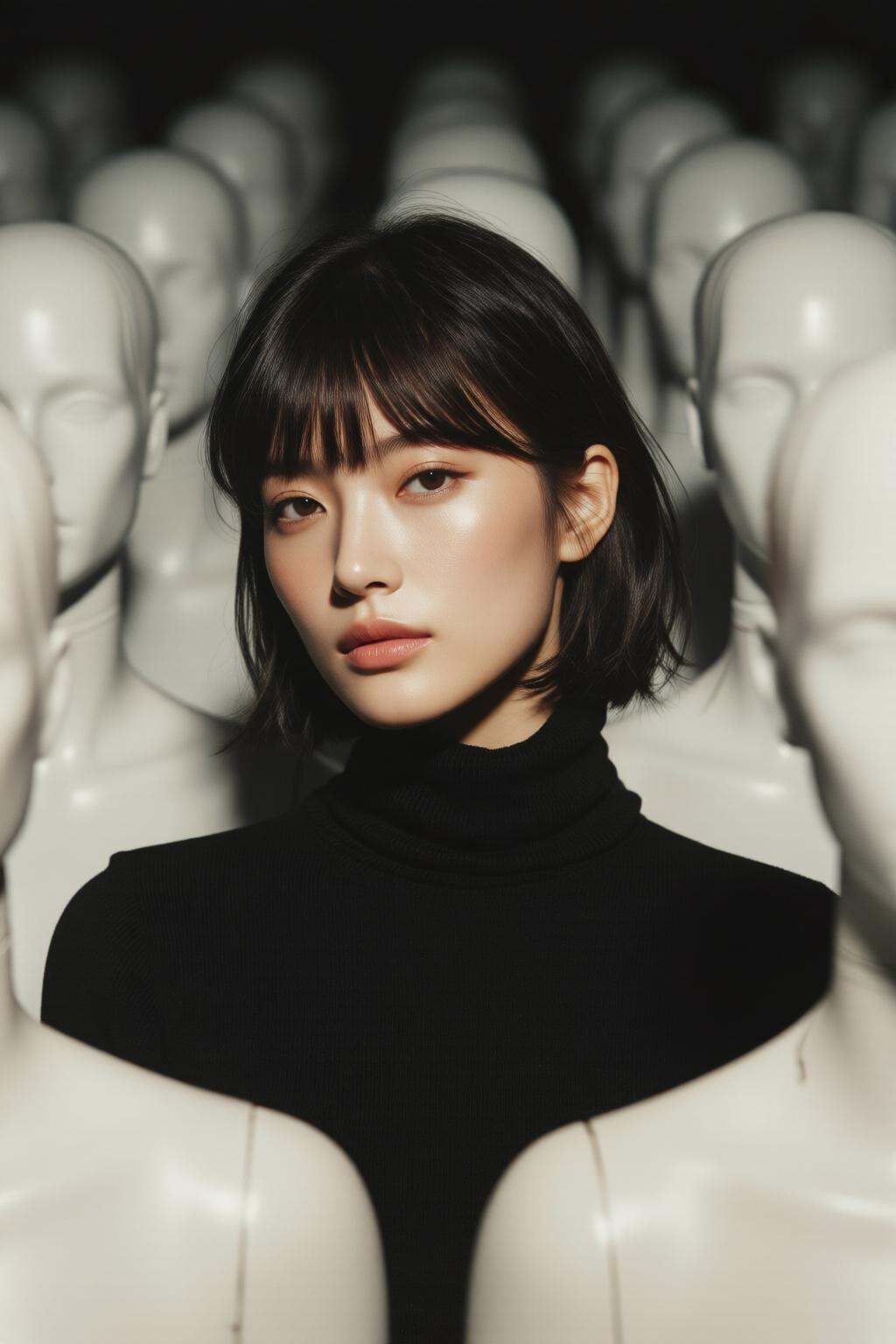 midjourneymix10q photograph. Young Japanese woman with bob cut and bangs,  shown in 3/4 view,  wearing black turtleneck on...