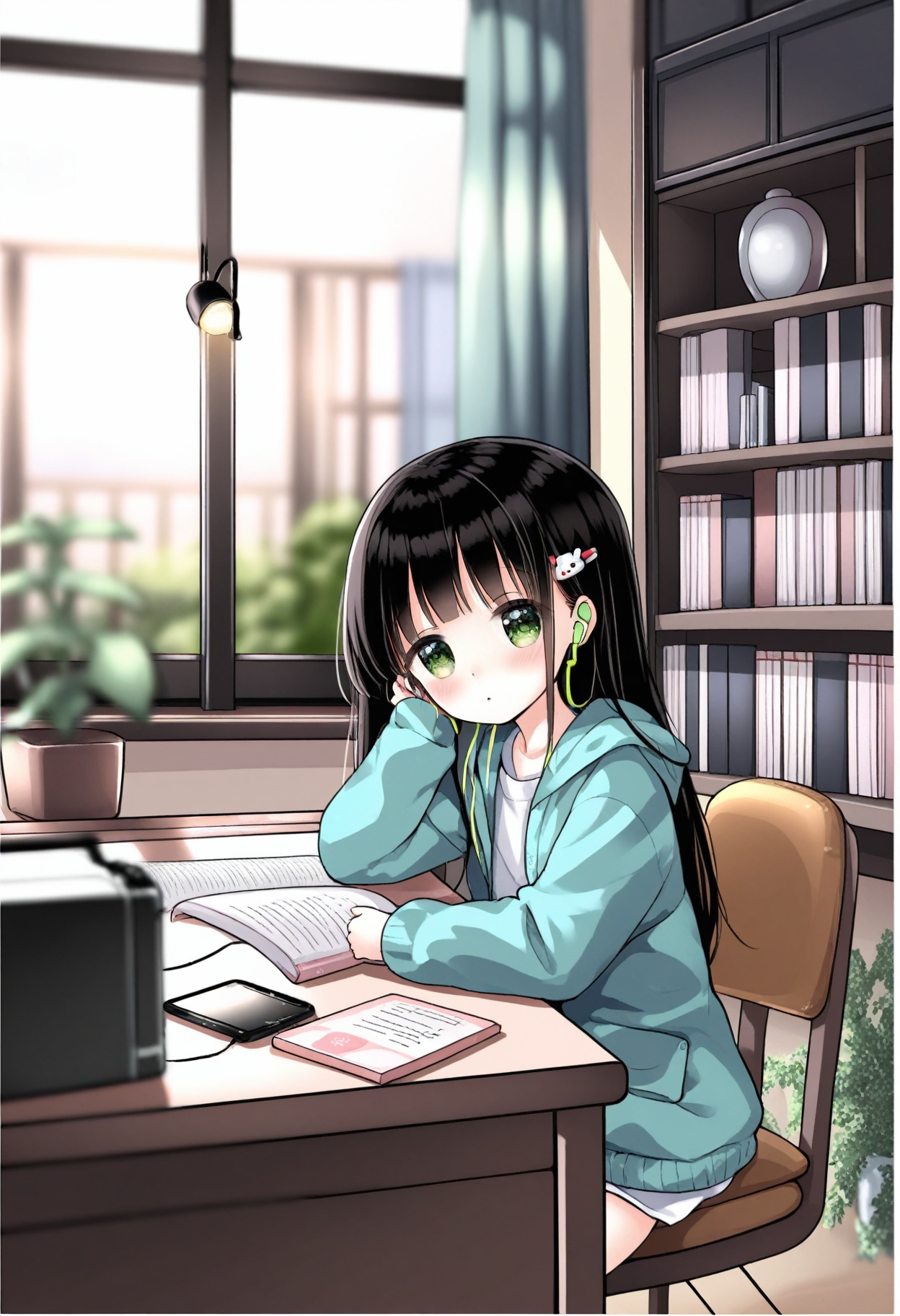 Elite,loli solo loli 1girl black hair solo long hair window indoors cup hair ornament phone book plant lamp hairclip blush blurry foreground curtains long sleeves green eyes cellphone sitting stuffed toy mug bookshelf stuffed animal bangs potted plant smartphone table twitter username desk lamp desk blurry shelf earphones jacket depth of field chair (masterpiece),<lora:A401.1 XL 1.0:0.8>,