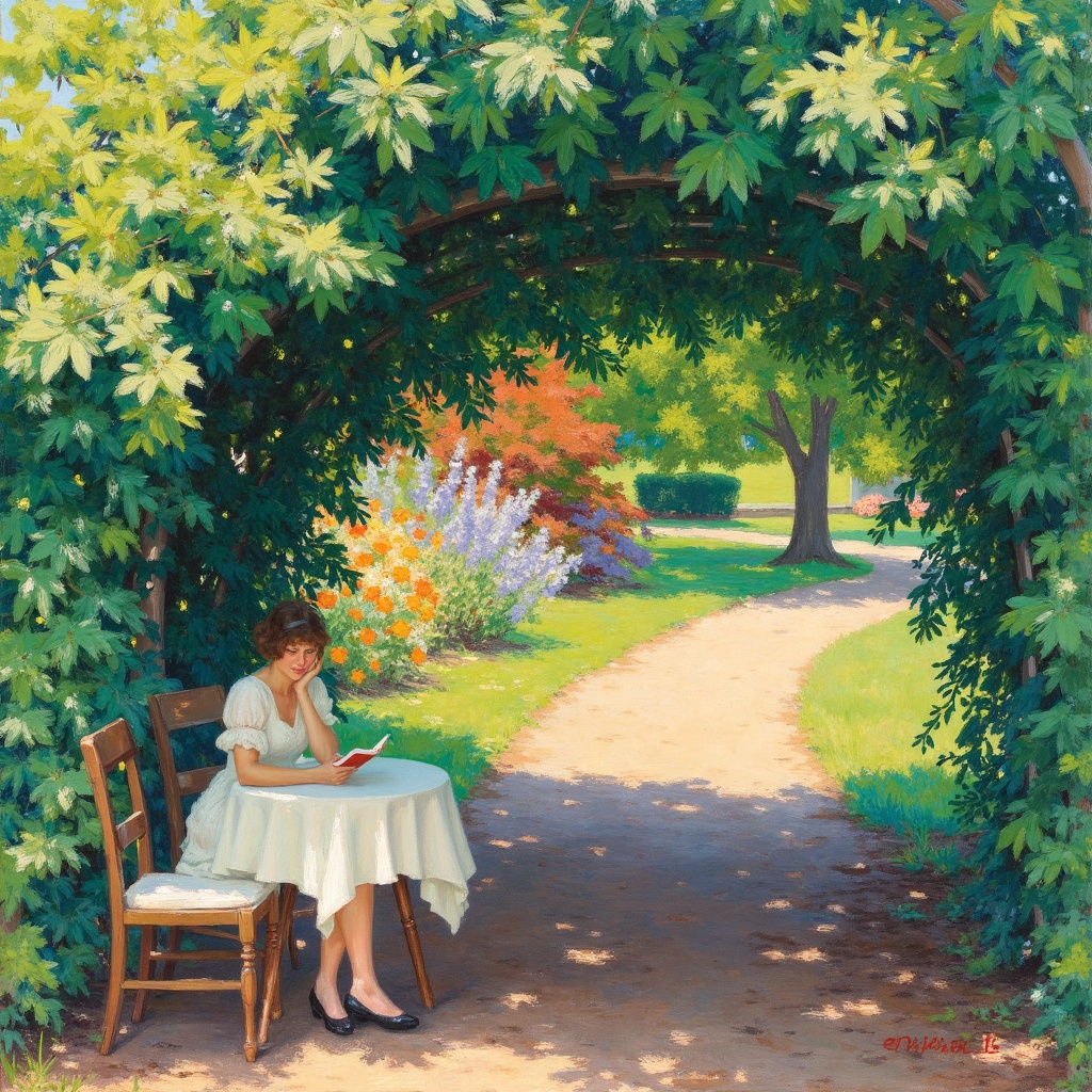 This is a vibrant impressionistic painting by EdwardCucuel depicting a serene garden scene. A woman in a white dress sits...