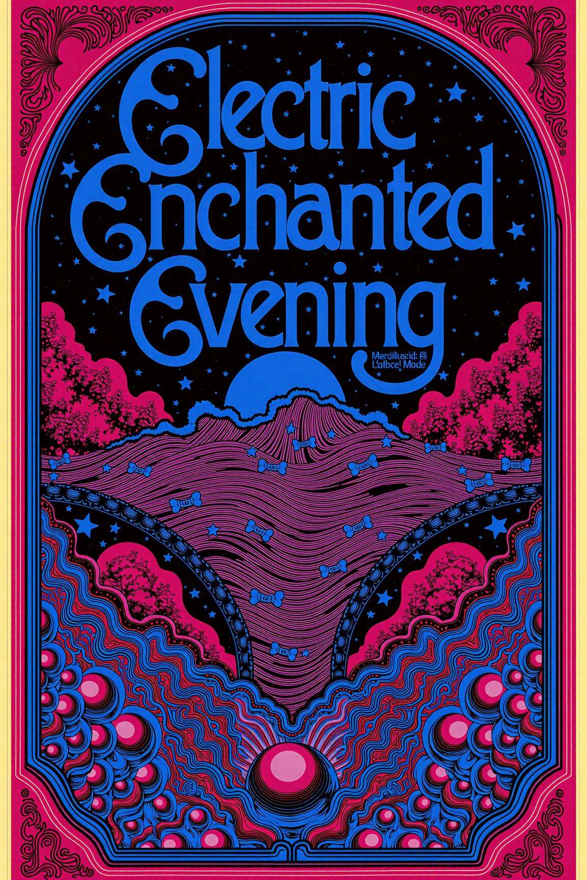 psypop,  70s psychedelic style poster of a "Electric Enchanted Evening" psychedelic 1970s pop art poster,  vibrant twiligh...