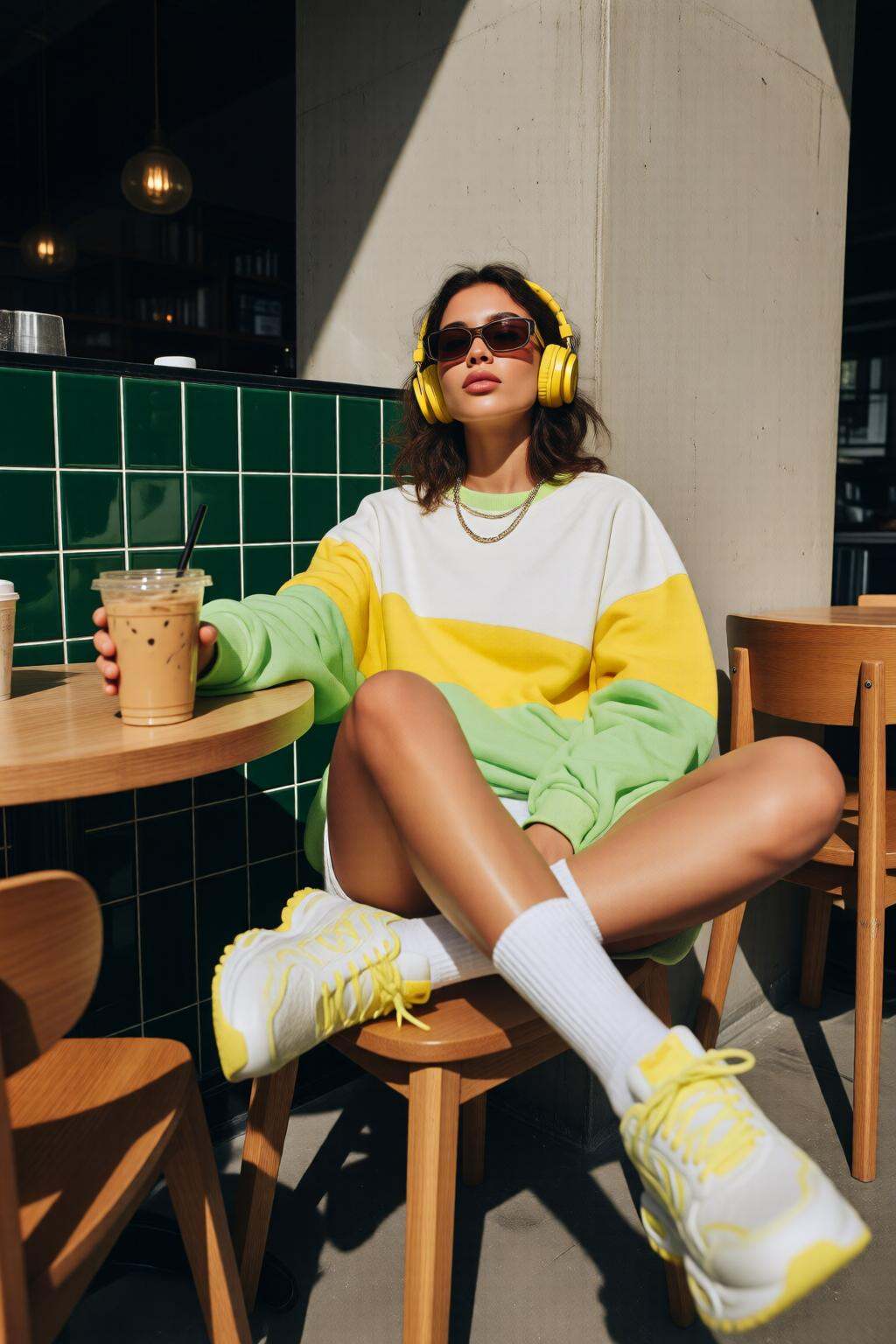 midjourneylowangle11q Low angle shot. A woman is sitting cross-legged at a wooden table. She is wearing a large,  colorful...