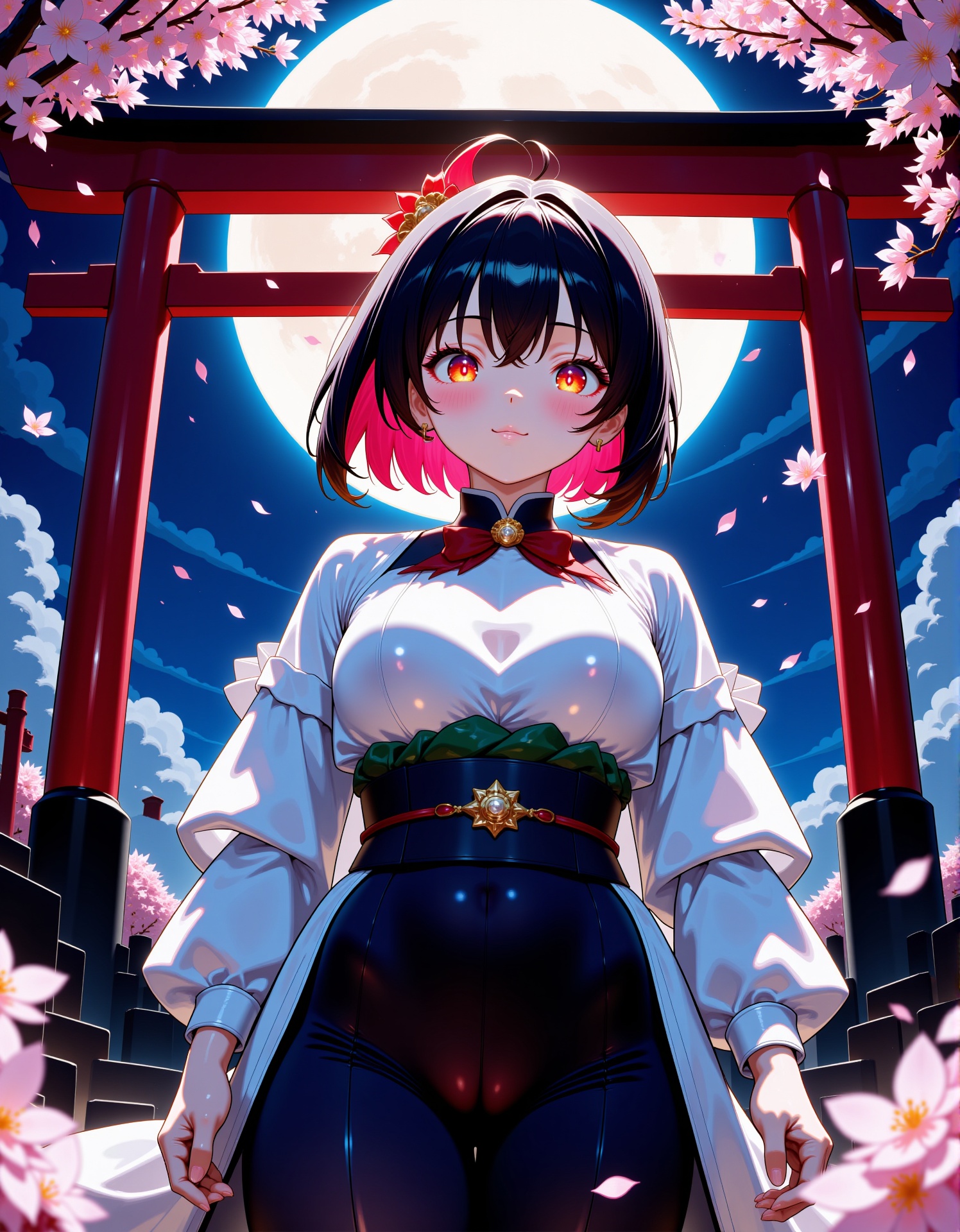 red eyes. She stands in front of torii of temple at midnight. full moon and many fireflys. The scene is vibrant yet slight...