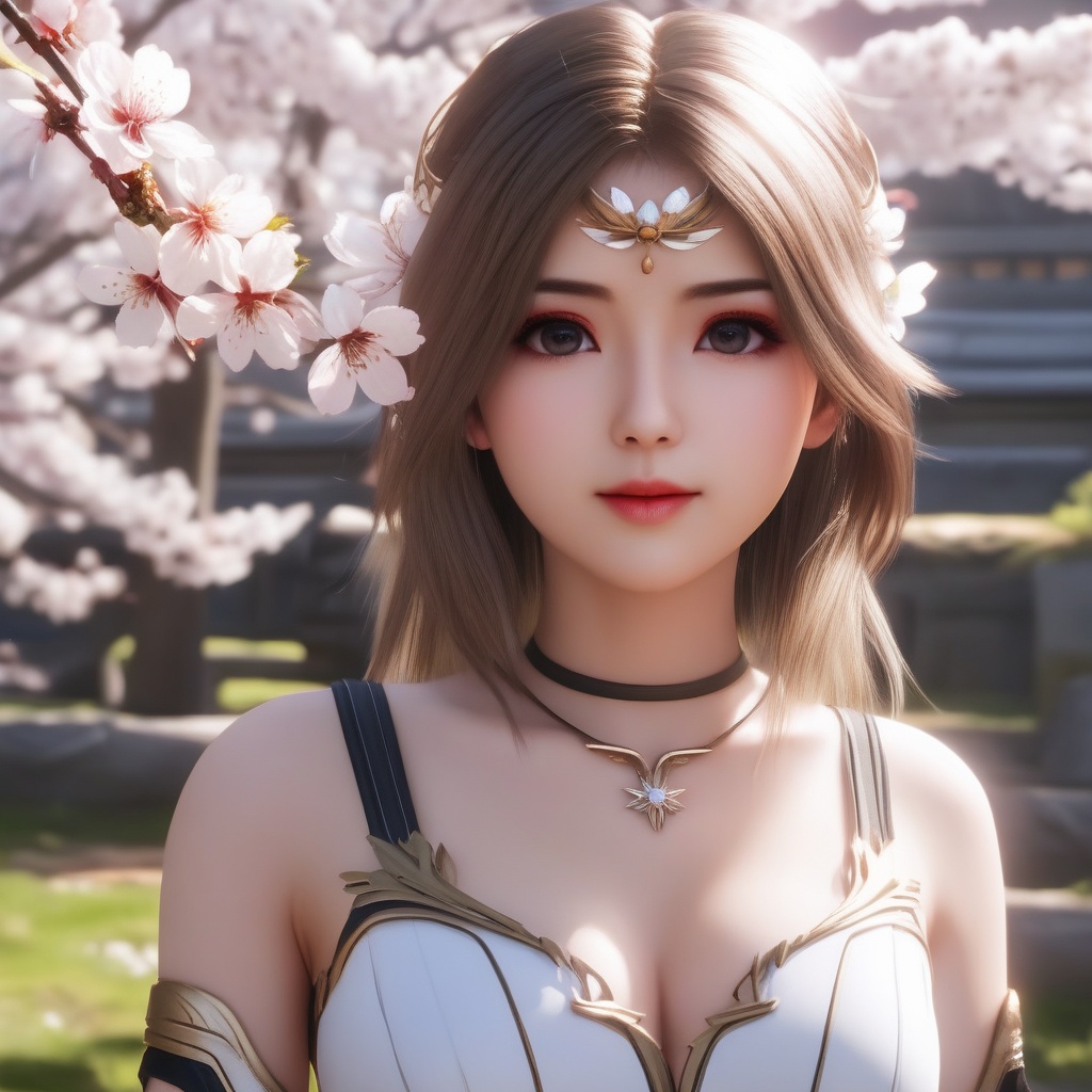 <lora:837-DA-XL-斗罗大陆-千仞雪-幼年:0.8>, (,1girl, ,best quality, ),,  ultra realistic 8k cg,ultra detailed 8k cg,masterpiece,upper body,  (( , )),, ,science fiction,mole, ,    ,outdoors, sun,sunlight, cherry blossoms,      (cleavage),,  (),