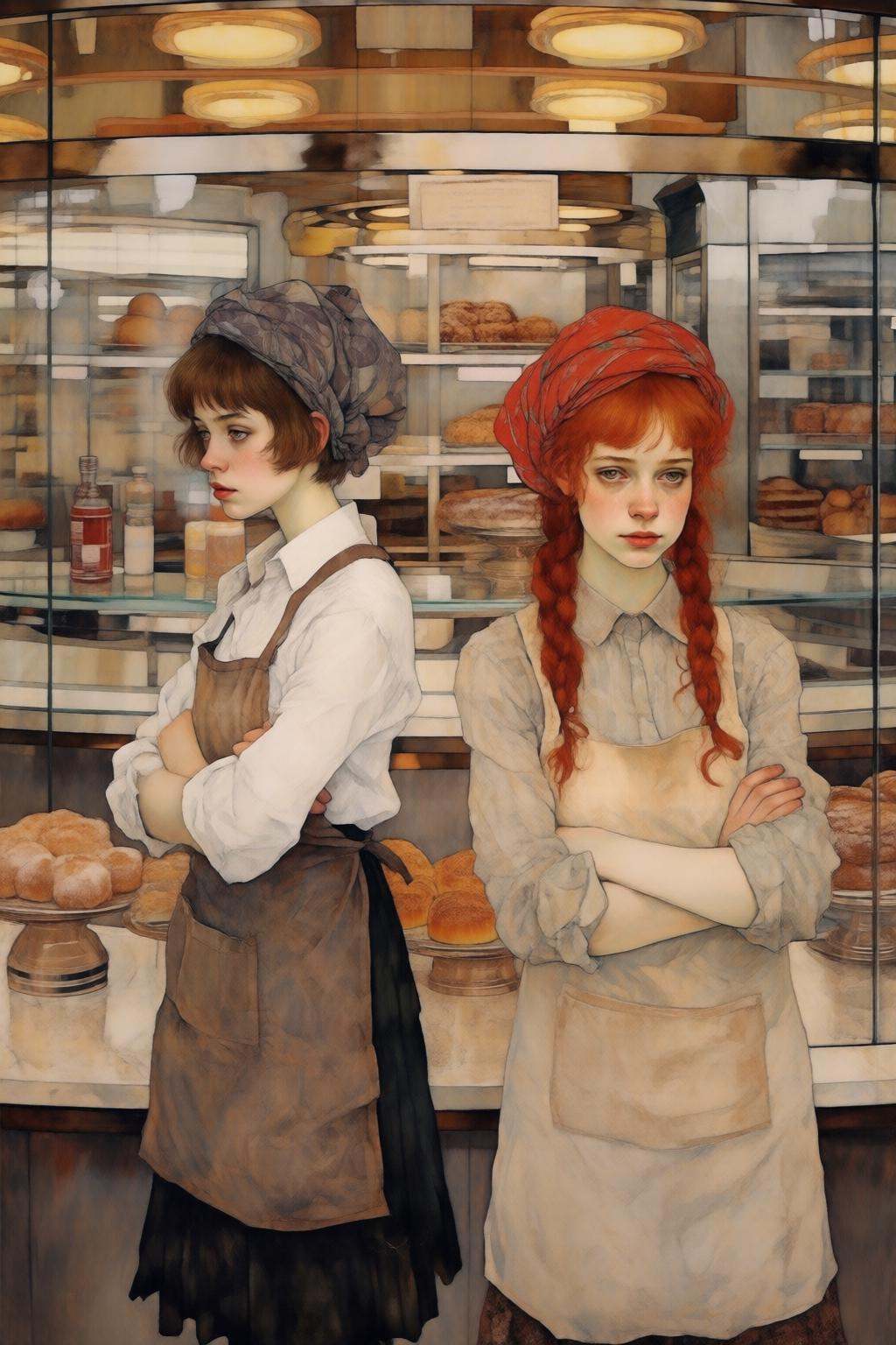 kaoruyamada2q painting. Two young women stand behind a bakery counter. On the left stands a woman with short brown hair,...