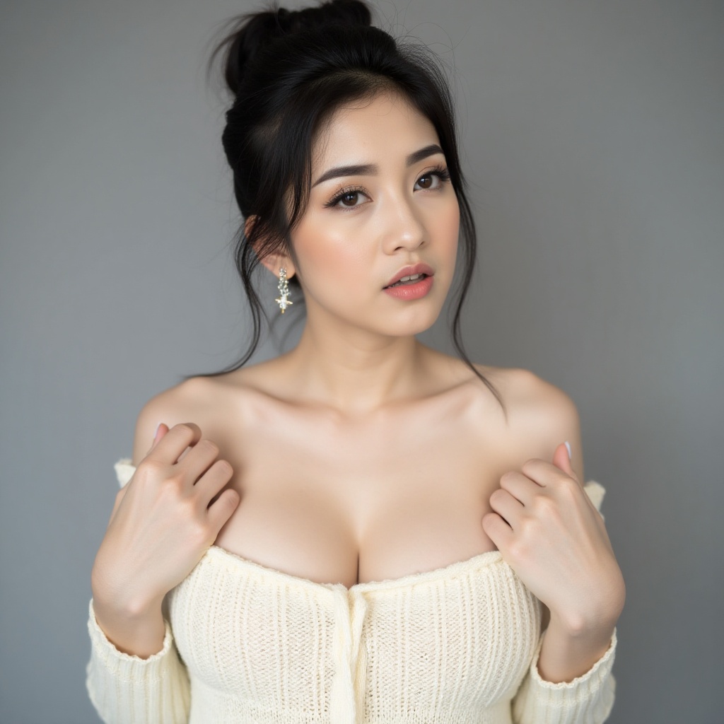 A stunning 8K studio photography of MamingK,  a beautiful Southeast Asian model. She is holding a cream-colored sweater to...