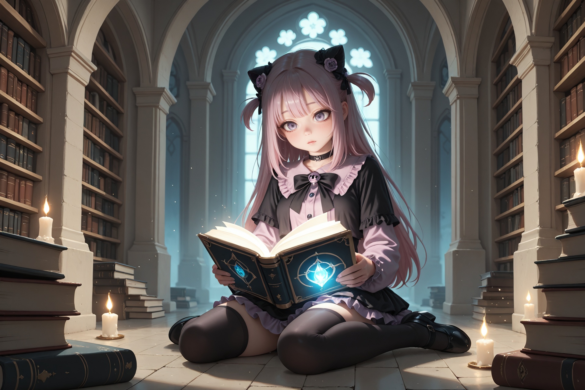 a woman in a magic library among flying books,  reading a glowing book,  masterpiece on Tensor.Art