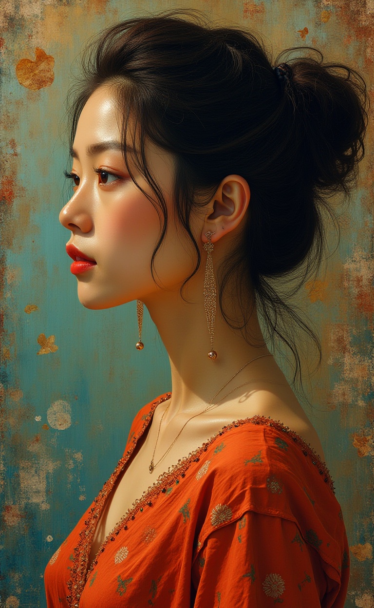 Asian girl, A beautiful woman, side profile, in the style of Marc Chagall (a meticulously detailed masterpiece, of the best quality), captured with a Samsung Galaxy, Rembrandt-style lighting.
