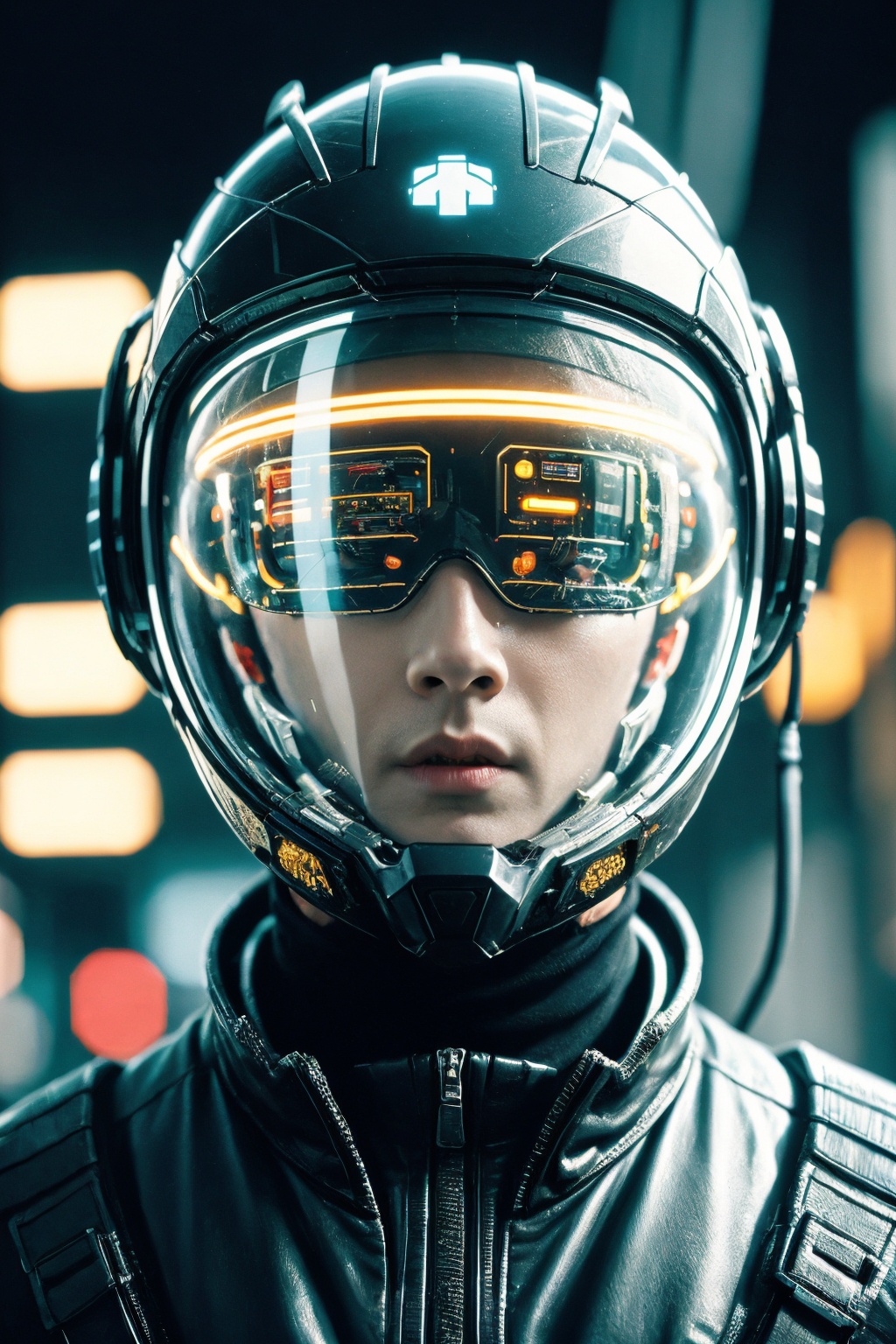 cyberpunk, solo, science fiction, helmet, transparent eye mask, blurry, 1boy, cable, blurry background, realistic, portrait, lips, looking at viewer, depth of field, straight-on, android, glowing, tube, closed mouth, cyborg