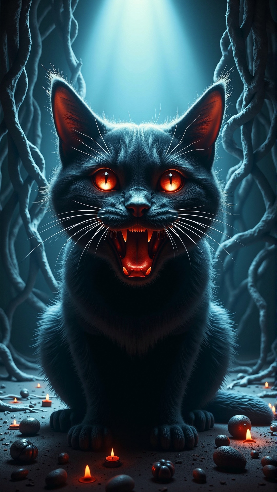 a photorealistic dark horror dark screaming a potrait of a space fanstasy cat,  fine details. night setting. realistic sha...