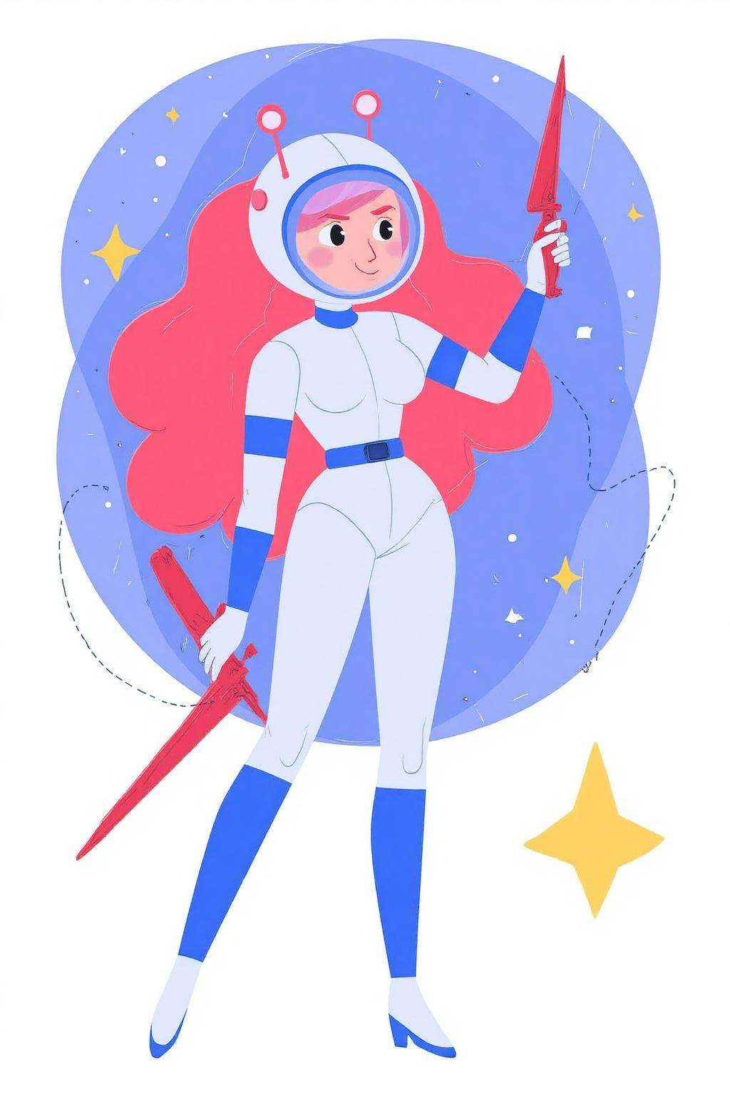 vector art.A character is dressed in a white and blue space-themed outfit. They have long,  flowing red hair and are weari...