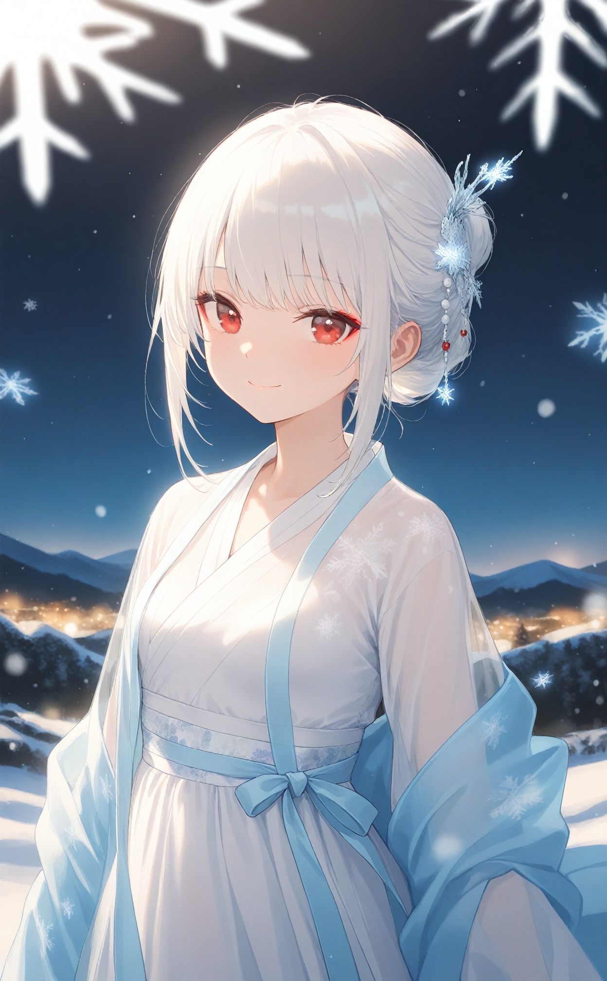 masterpiece,best quality,high quality,loli,night,1girl,solo,red eyes,looking at viewer,hair ornament,upper body,white hair,blurry,bangs,see-through,depth of field,hanfu,smile,floral print,closed mouth,small_breasts,loli,arm_ribbon,white upper shan,white chest po skirt,light blue waistband,white pibo,in winter,snowflakes,hills,