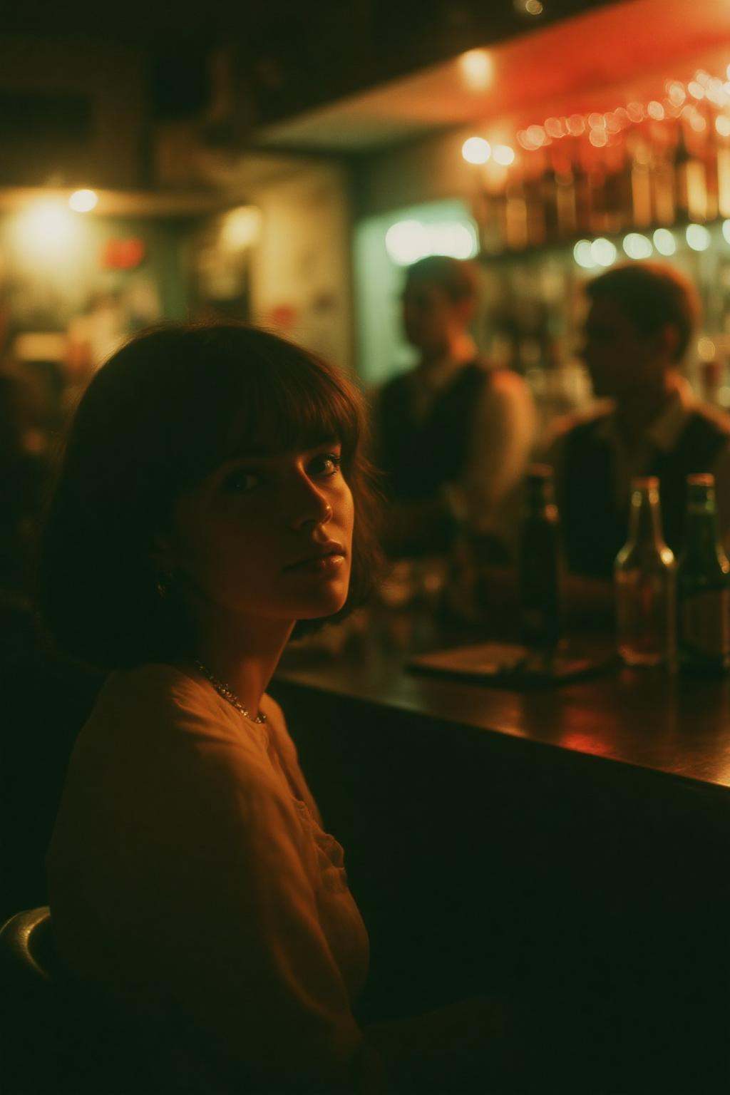 midjourney analog photograph.In a dimly lit bar,  an Italian woman with short,  dark hair with bangs on Tensor.Art