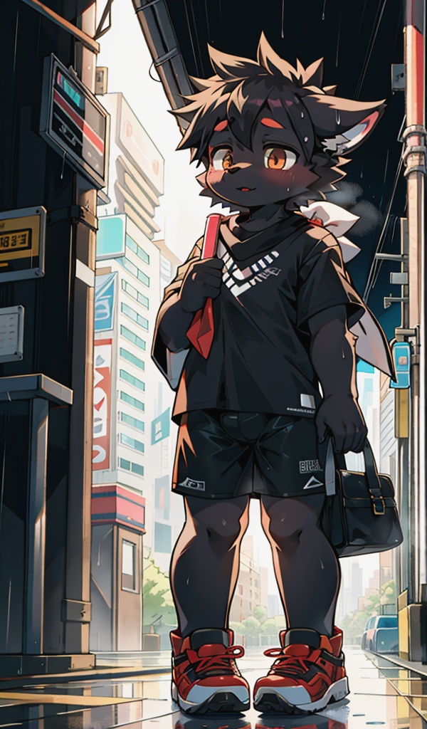 score_9, score_8_up, score_7_up, score_6_up, score_5_up, score_4_up, score_9, cute furry full body, black fur, white eyes, black shorts, short-sleeved whote shirt with black neckline and black neckerchief, the sleeves are black, holding a little white umbrella opened on her shoulder, waiting at a bus station in a rainy city, looking up to the foggy sky with her glimmering eyes,black skin, shota