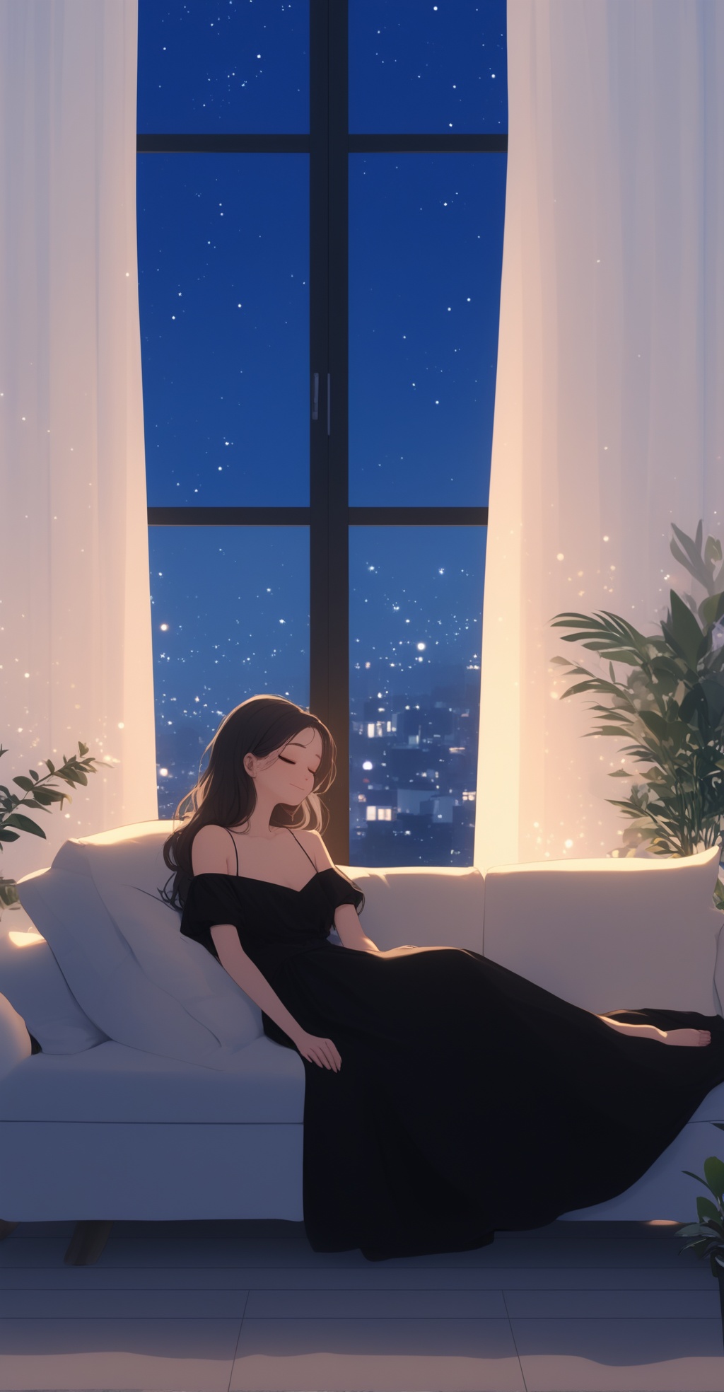 dark stone,1girl,couch,solo,window,indoors,closed eyes,plant,night,pillow,sleeping,off shoulder,long hair,dress,sky,bare legs,on couch,sitting,black hair,potted plant,bare shoulders,barefoot,night sky,star (sky),black dress,cityscape,brown hair,city,curtains,blush,bangs,off-shoulder dress,parted lips,starry sky,8k,Film image quality,<lora:city life:0.8>,