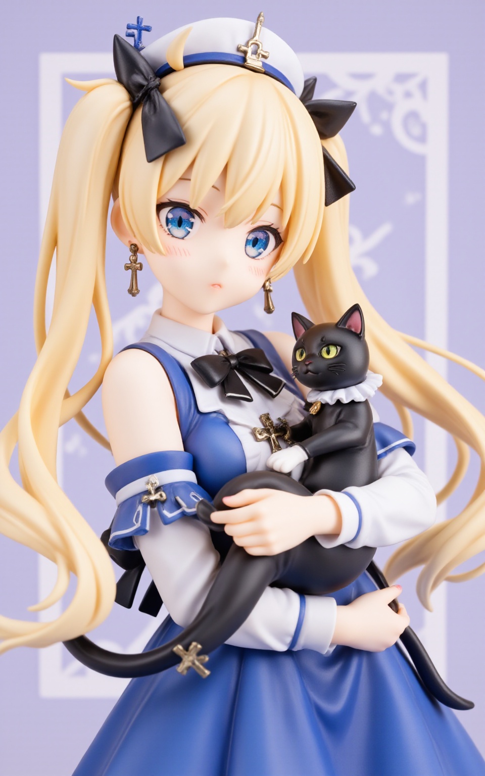 pvcstyle,1girl,bow, black cat, long sleeves, twin drills, blue dress, earrings, cat, juliet sleeves, hat, drill hair, black bow, vision \(genshin impact\), holding animal, looking at another, detached collar, official alternate costume, cross, holding cat, upper body, puffy sleeves, cross earrings, twintails, long hair, detached sleeves, solo, holding, blue eyes, animal, blonde hair, latin cross, jewelry, bare shoulders, dress,masterpiece, newest, absurdres, safe<lora:pvcstyle:1>​​​