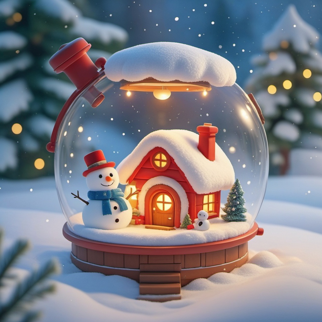 shengdan,A whimsical snow globe with a little snowman sporting a top hat and a red scarf,and a tiny snowman buddy with a blue scarf. Inside,a wooden house with a chimney,a tiny window,and a snow-covered roof sits. The globe's lid is decked out with snowflakes. Outside,it's a snowy winter wonderland with pine trees and cozy fairy lights. The whole scene is super cute and festive.,,<lora:shengdan_v1:0.8>