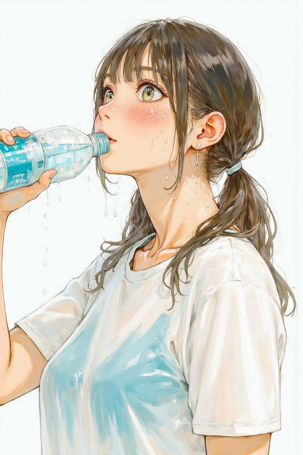 nijiwatercolor2 anime illustration.A young woman is drinking from a transparent blue water bottle. She has wet hair tied i...