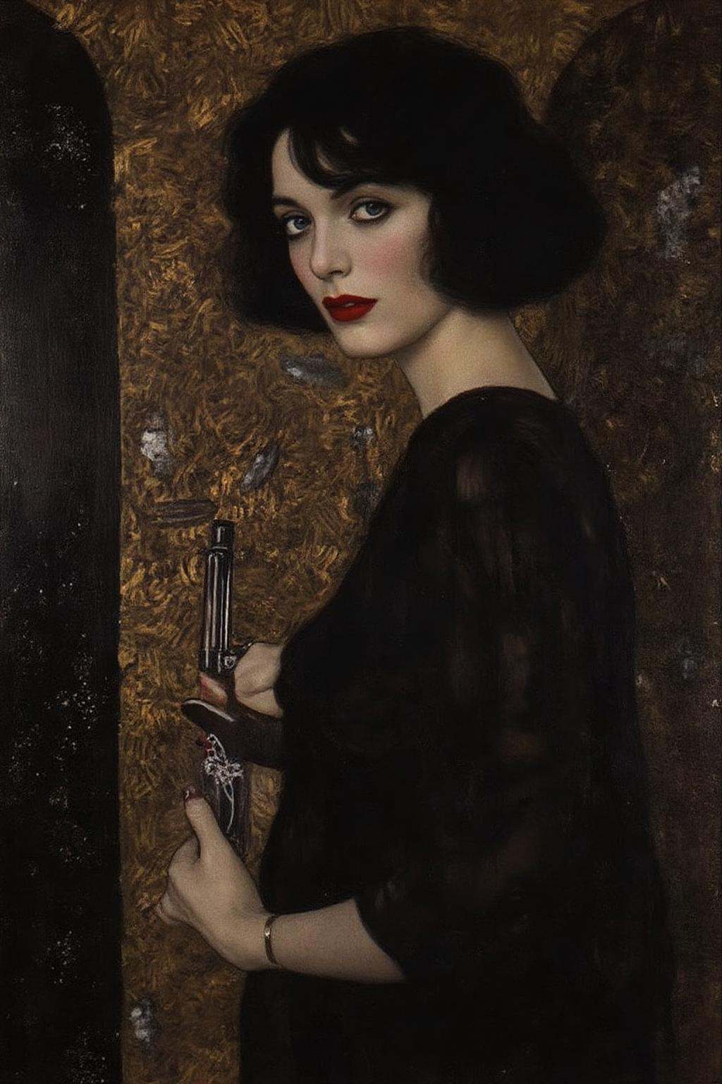 kl1mt painting. a mysterious woman with dark,  wavy hair and piercing eyes stands in the shadows of a dimly lit room. She...