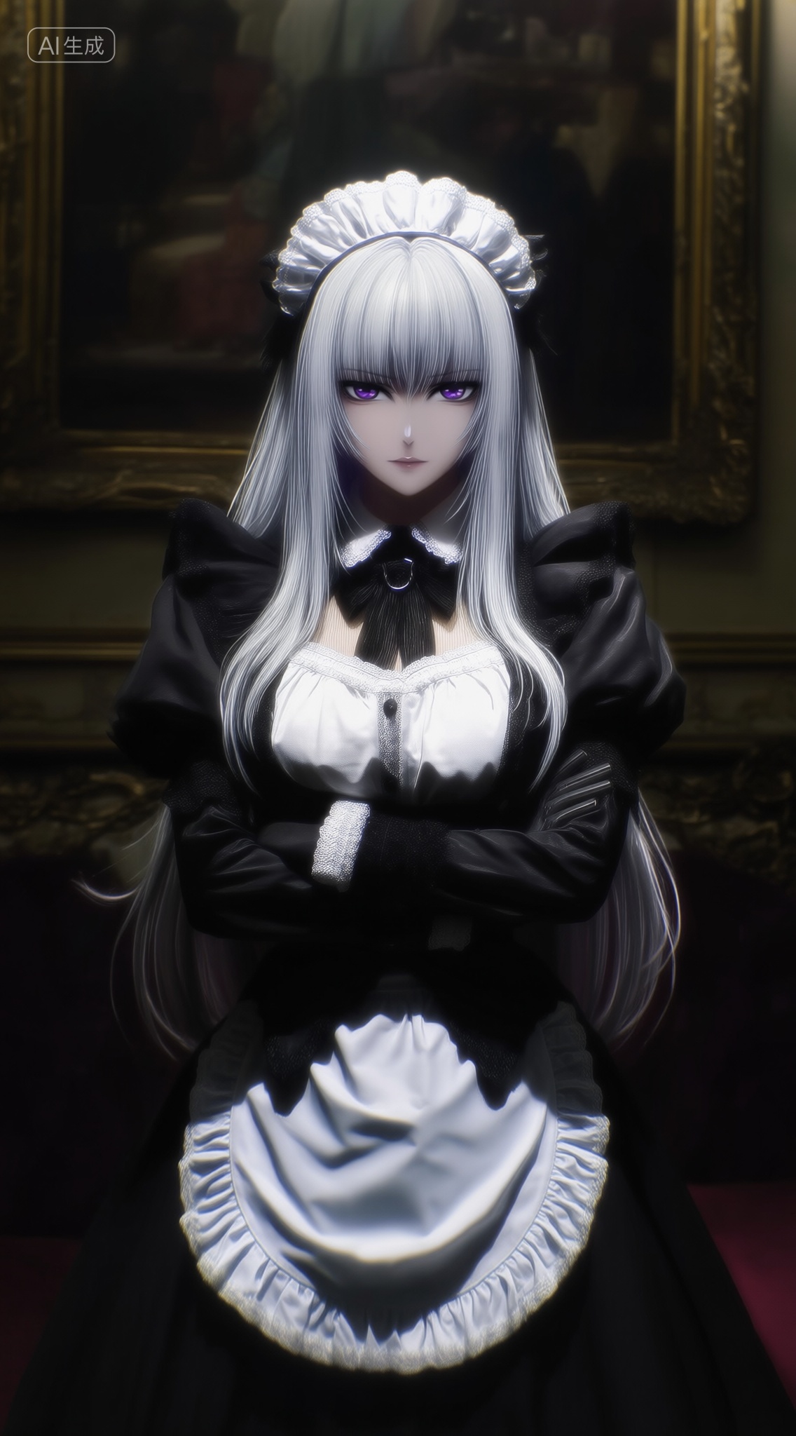 a digital illustration shoot from a frontal camera angle about a character dressed in a black and white maid outfit with l...