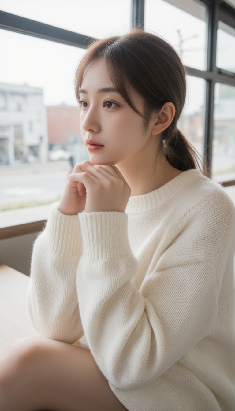 A young woman with fair skin and long brown hair tied back in a loose ponytail,  wearing a white,  long-sleeved sweater. S...
