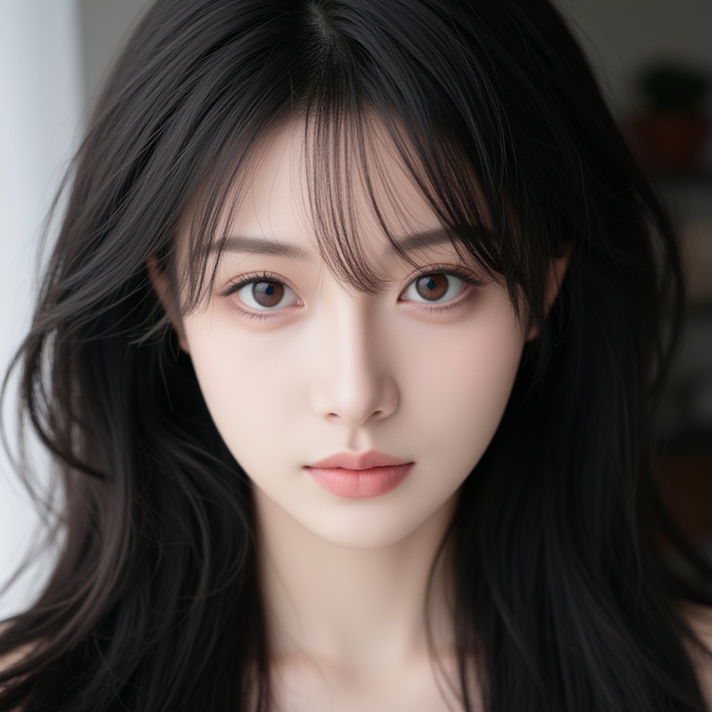 1 girl,1girl,solo,long hair,looking at viewer,black hair,brown eyes,parted lips,lips,portrait,close-up,realistic,