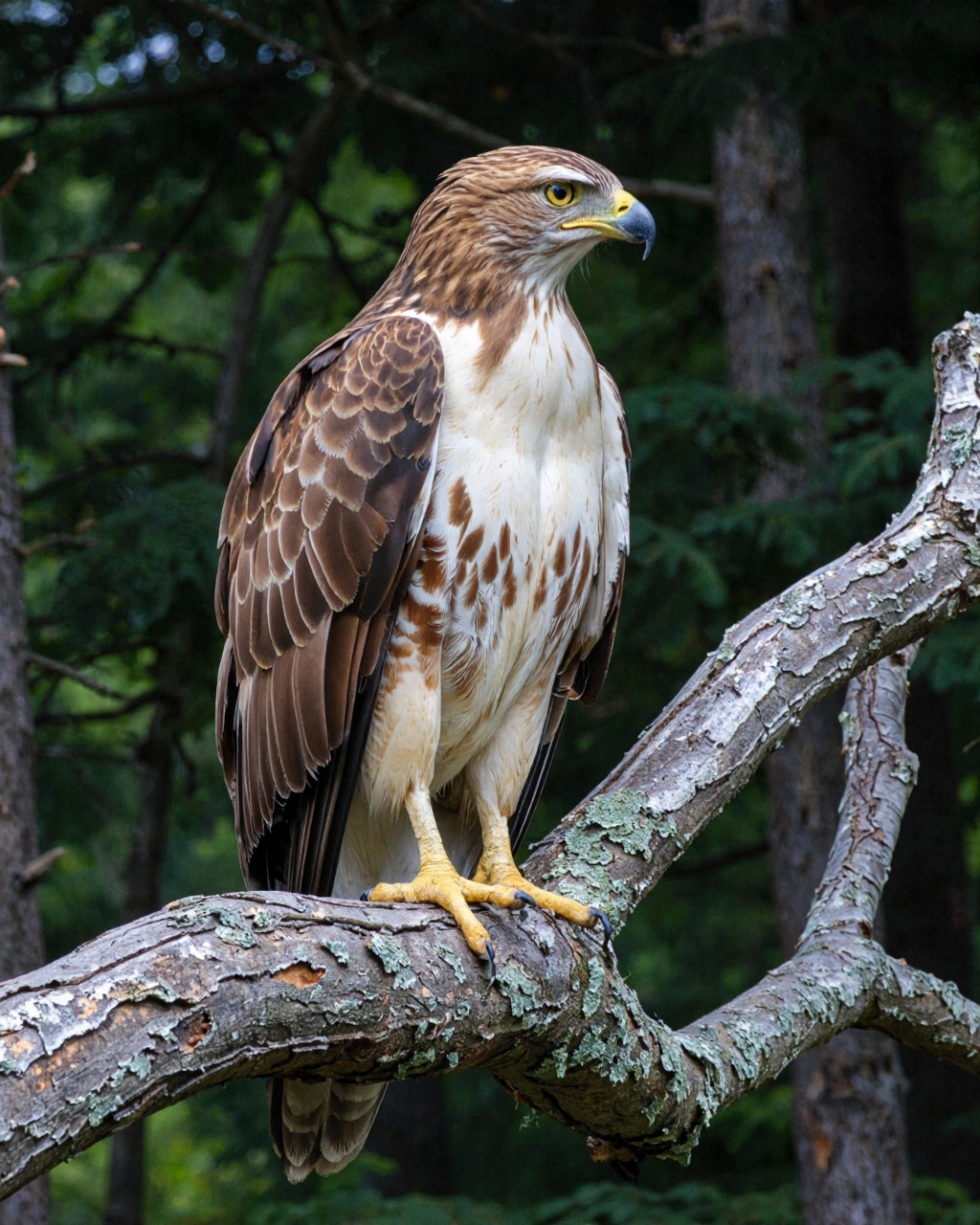 This is a high-resolution photograph of a bird of prey perched on a tree branch. The bird,  likely a hawk or eagle,  is po...