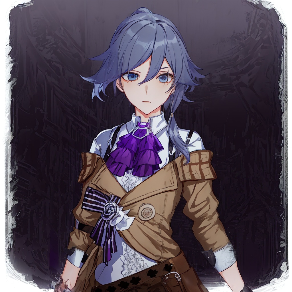 gloves, thighhighs, shorts, hair ornament, striped bow, jewelry, coat, plaid, collared shirt, necktie, very long hair, long sleeves, multicolored hair, bangs, suspenders, kneehighs, purple bow, white shirt, bowtie, purple bowtie, shirt, jacket, brooch, hair between eyes<lora:符华-崩三-迅羽-雾都-2.0:0.8>