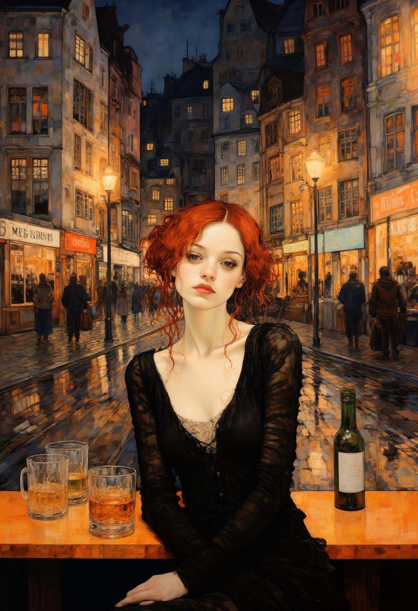 This image is a digital painting in a realistic style,  depicting a young woman with fair skin and striking red hair,  sty...