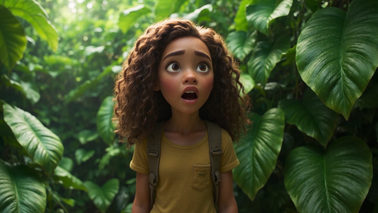 A young adventurer with long,  curly hair stands cautiously amidst a jungle environment,  surrounded by large on Tensor.Art