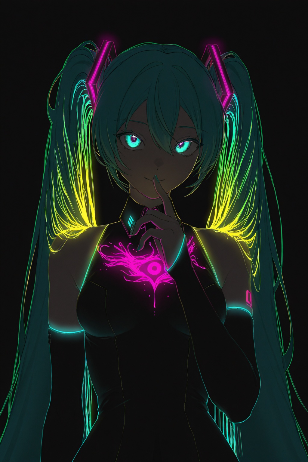 Hatsune Miku,  limited palette,  black background on Tensor.Art