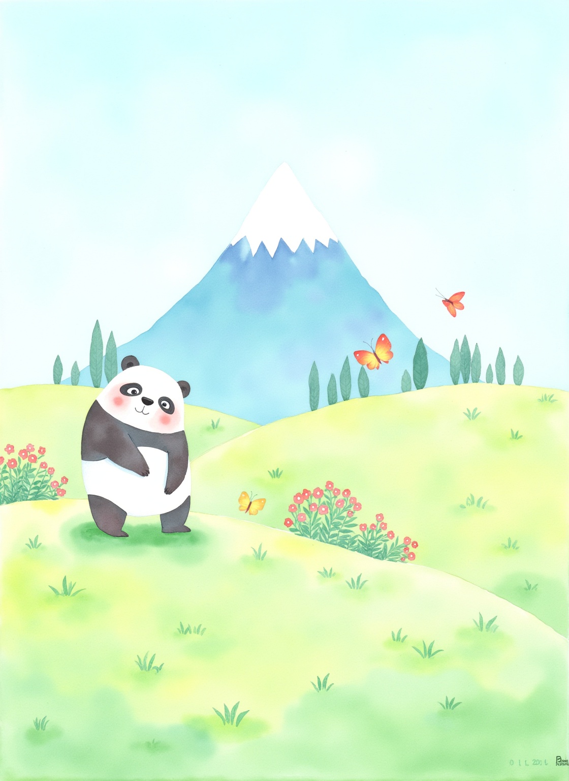 CGArt illustrator,A flat color style vertical background illustration designed for a promotional setting. The background features a majestic snow-capped mountain in the distance, a vibrant green grassland in the foreground with patches of colorful flowers, small bushes scattered throughout, and butterflies flying around. The design should be minimalistic yet lively, using flat color areas without outlines, creating a cheerful and harmonious natural atmosphere, suitable as a backdrop for panda illustrations.