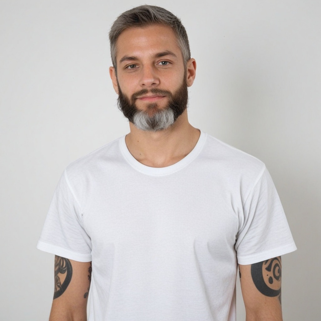 a handsome man with grey hair and a full beard wearing a white t-shirt,  with tattoos,  . on Tensor.Art