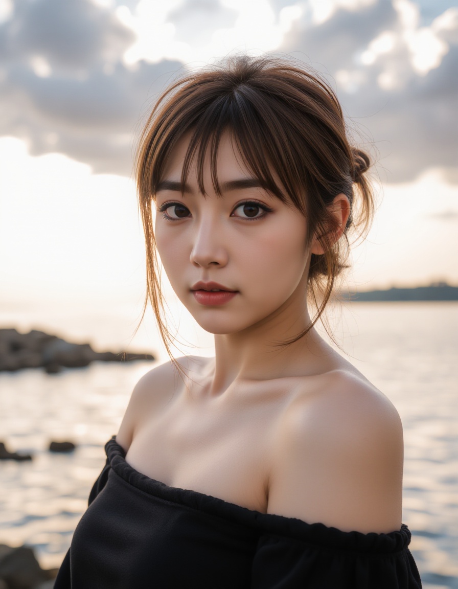 A young asian woman with fair skin and a slender physique stands by the edge of a body of water,  possibly a lake or sea,...