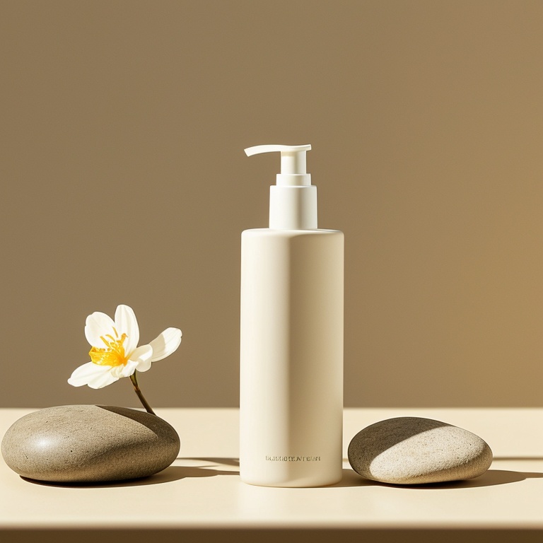Makeup bottle, stone, flower, sunlight, minimalist background,