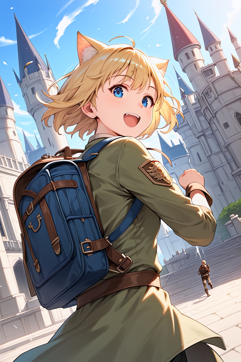 score_9, best quality,1girl,solo,(fantasy,adventurer:1.2),blonde short hair, soldier,(cat ears:0.8),from back, backpack,   looking at viewer,(kind smile:0.6),castle,upper body,dynamic, motion,wind,running,talk,open mouth,blue eyes,face,from below,dutch angle