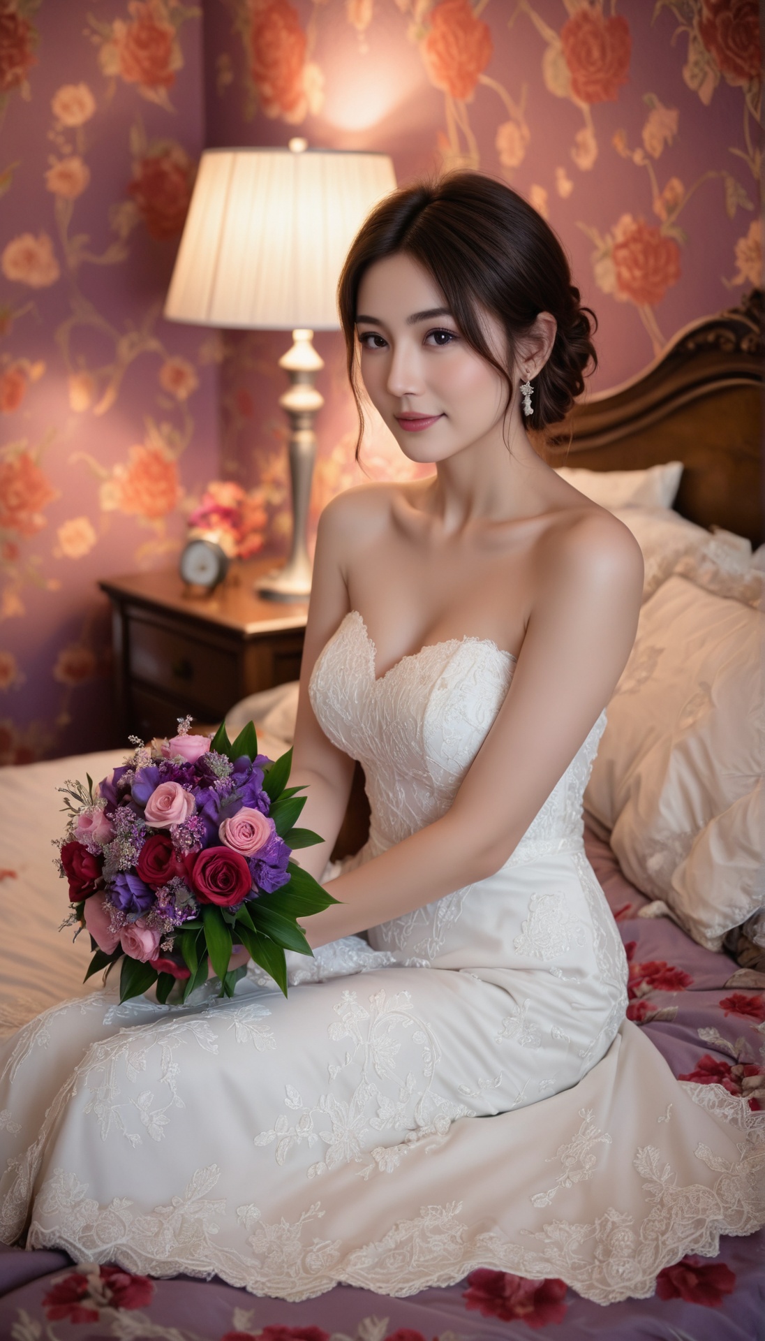 A high-quality photograph of a young woman with fair skin and delicate features,  wearing a strapless white wedding dress...
