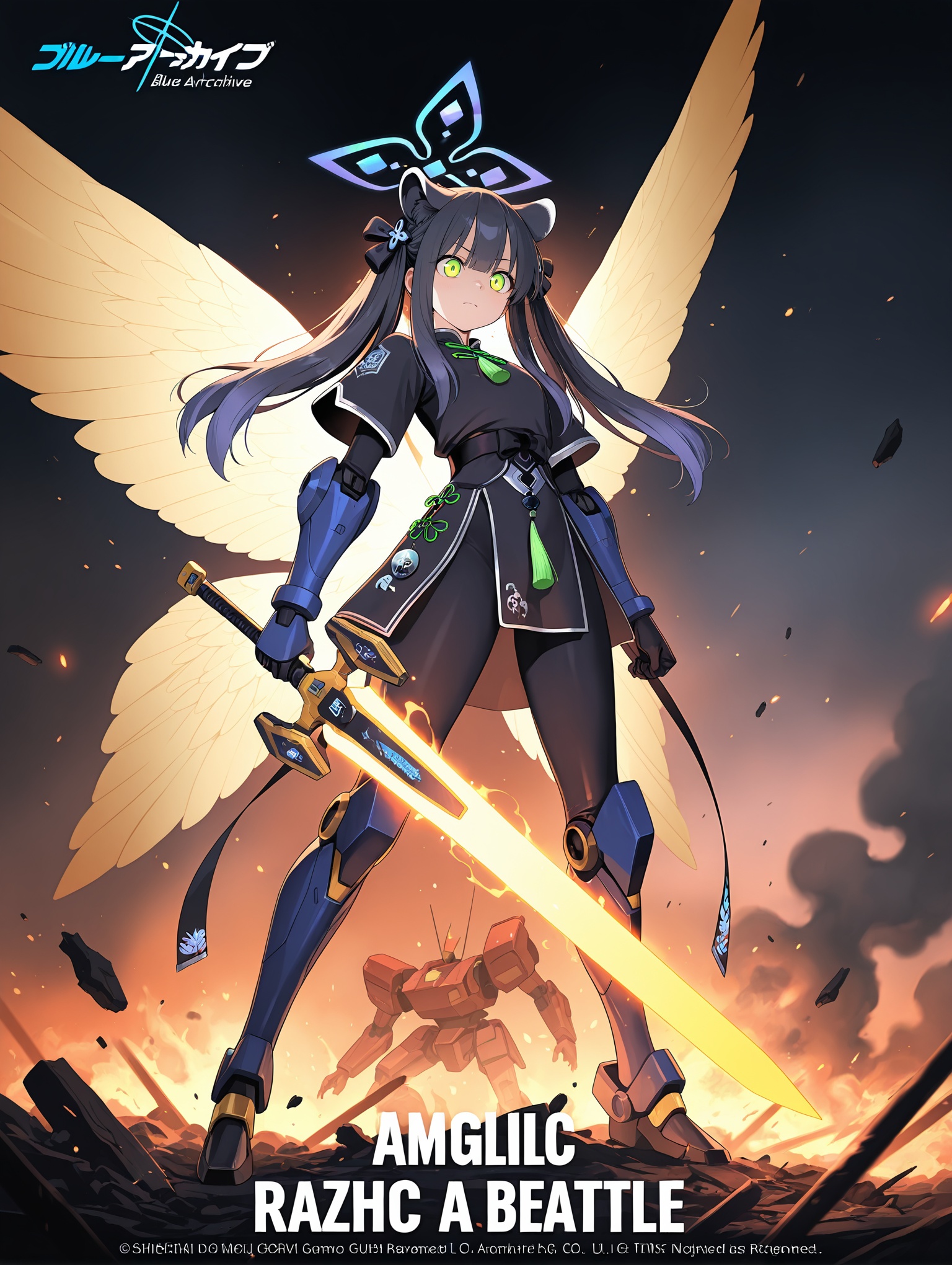 1girl,solo,science fiction, ,blue archive, shun \(blue archive\),Mecha Girl, angelic cosplay, holding a glowing sword, shimmering wings, advanced armor, determined expression, standing heroically, powerful stance, glowing aura, intense gaze, ready for battle, ravaged battlefield, destroyed mechs, smoke and fire, glowing energy particles, dramatic lighting, battle effectiveness award, movie poster frame, cinematic filter, vibrant colors, explosive effects,,masterpiece,best quality,amazing quality,