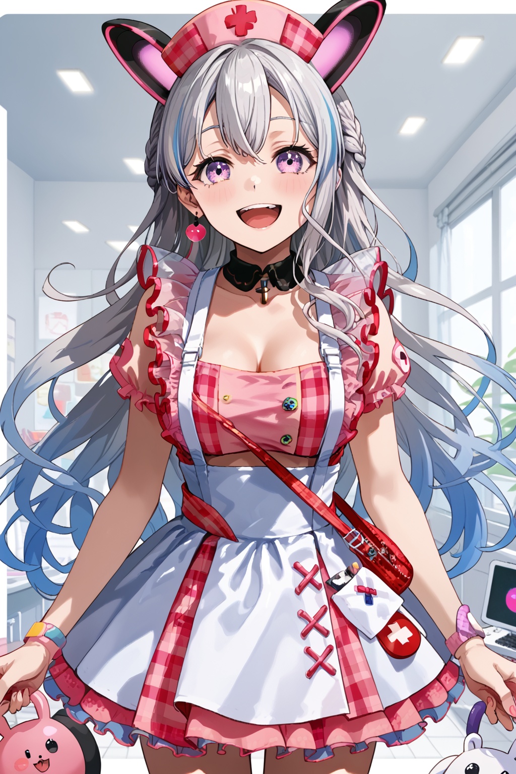 Miyanaga Nonoka,long hair, breasts,smile, open mouth, bangs,purple eyes,braid, :d, grey hair, multicolored hair,virtual youtuber, nurse cap,<lora:宮永ののか:0.8>