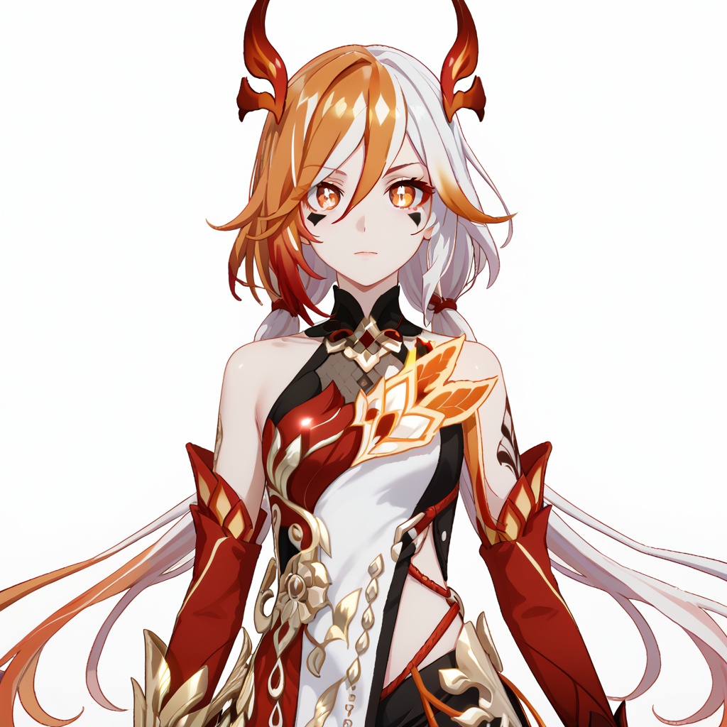 (white background:1.2),looking at viewer,(SOLO:1.4),outline,simple background,upper body, cowboy shot,looking at viewer,(((arms at side))),  fu hua bengluo,fu hua,messy hair,jewelry,twintails,eyelashes,facial mark,head wings,two-tone hair,twintails,tattoo,ribbon,bangs,white hair,orange eyes,streaked hair,orange hair,fiery hair,hair between eyes,multicolored hair,hair ornament,hair ribbon,pattern on hair,yellow pupils,diamond shaped pupils,<lora:崩落-游戏模型-pony:0.8>