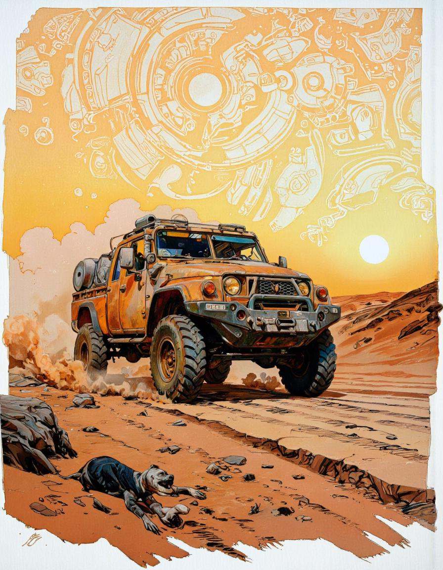A digitally illustrated drawing in comic book style.A rugged,  off-road vehicle,  specifically a modified military-style t...